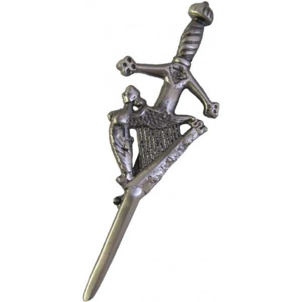 Irish Celtic Harp Sword kilt Pin 4" Gold Antique Chrome Scottish 